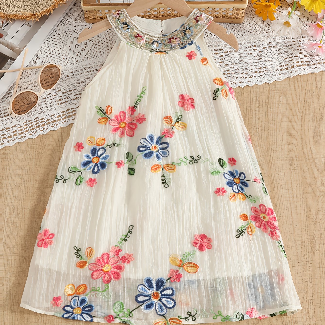 Summer New Bohemian Style Flower Embroidery Mesh Overlay Dress | Sleeveless, Non-Stretch Fabric, Flared Hem, Round Halter Neck, Ideal for Casual and Travel Vacation, Little Thin Princess Dress