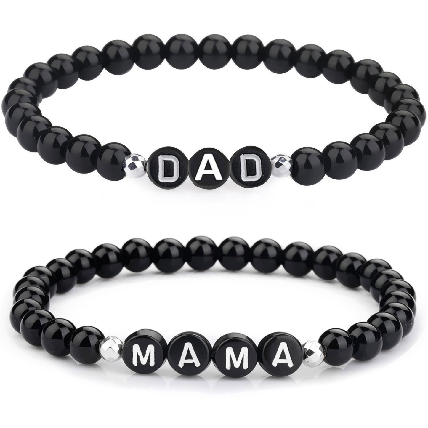MAMA/ DAD Letter Beaded Bracelet Black Smooth Round Beads Stretch Father's Day/ Mother's Day Hand Jewelry Gift