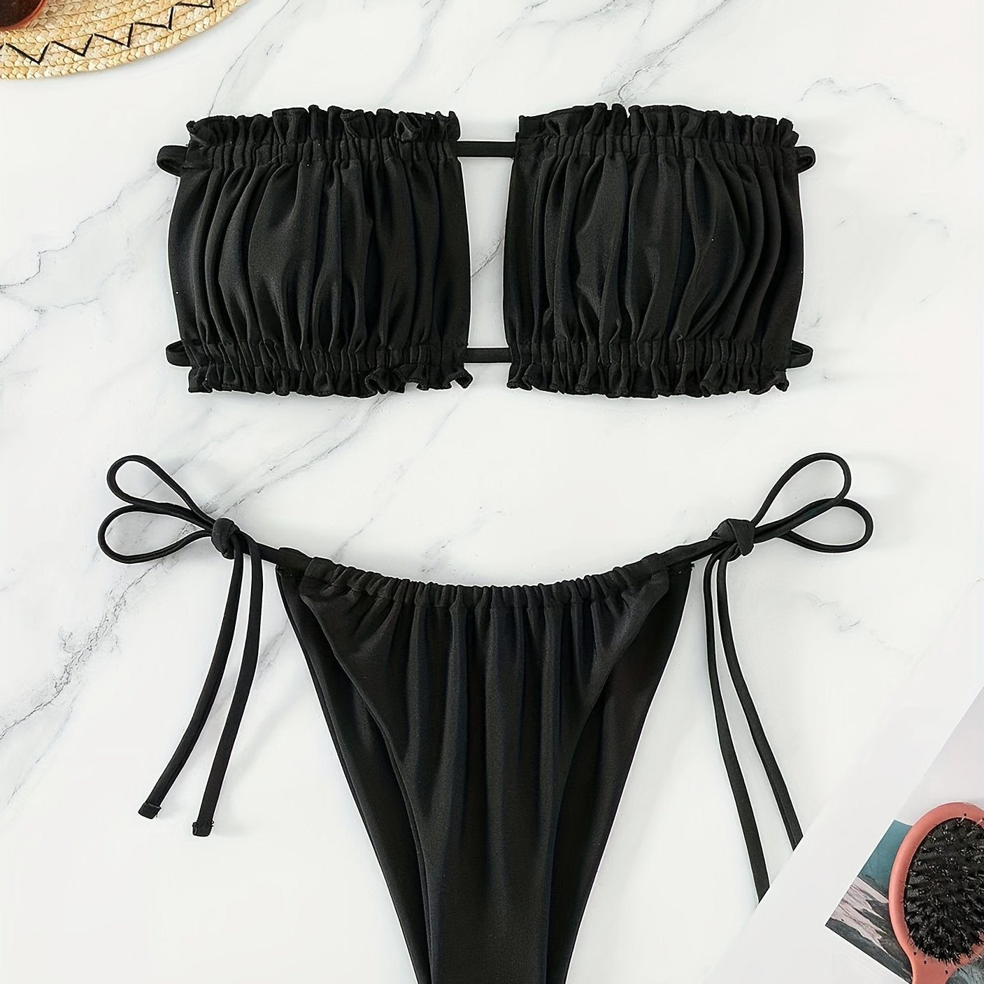 Ruched Bra Top Double Drawstring Bandeau Tie Side High Cut Two Piece Bikini Swimsuit, Women's Swimwear