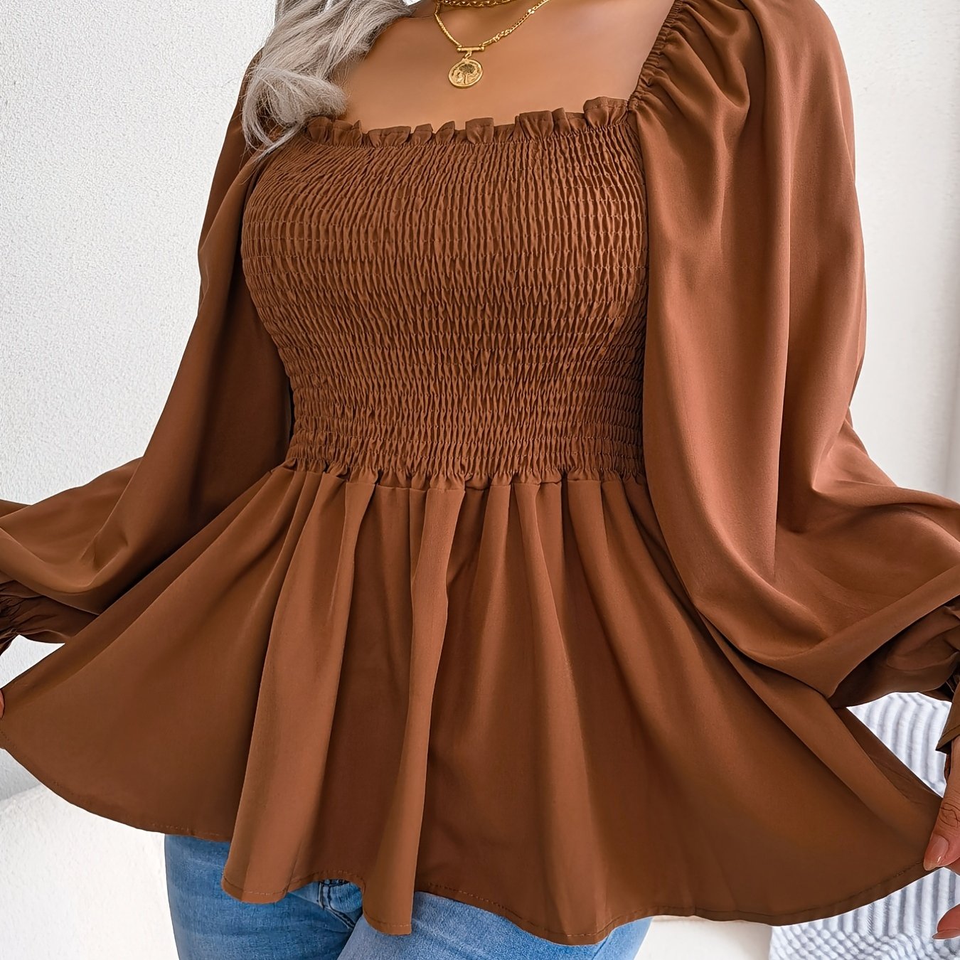 Shirred Lantern Sleeve Shirt, Casual Squared Neck Pleated Ruffle Trim Solid Shirt, Women's Clothing Wedding holiday vacation