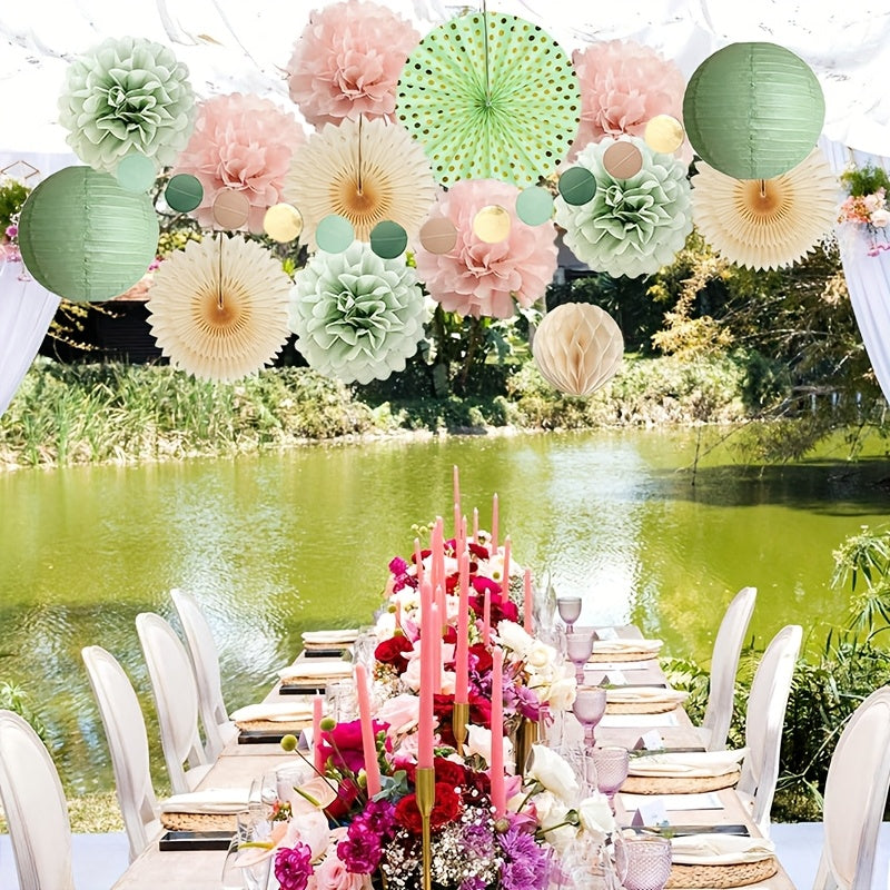14pcs-Sage Green Paper Fan Lantern Set Bean Green Paper Flower Round Pieces String Wedding Party Decoration Supplies
