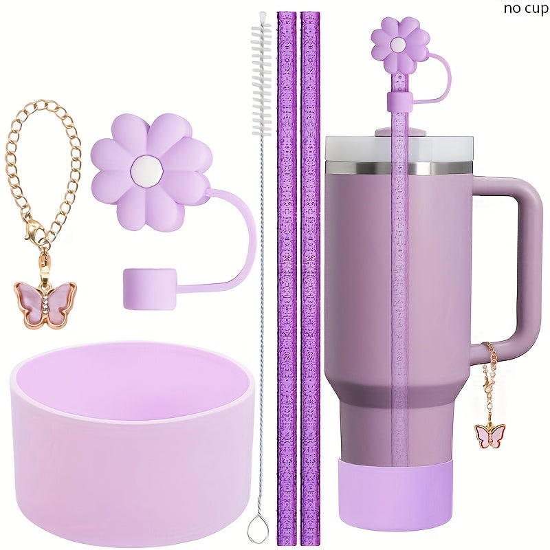 6pcs Cup Accessories Set for 40oz/30oz Tumbler, Include Glitter Straw and Brush, Flower Straw Cover Cap, Silicone Boot, Butterfly Charm Chain, Perfect for Outdoor Sport, Ideal Valentine's Day Gift, Mother's Day Gift