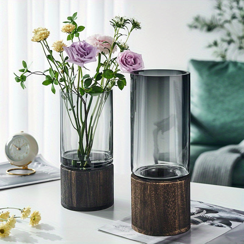 Chic Nordic-Inspired Glass Vase with Wooden Base - Perfect for Living Room Decor & Flower Arrangements