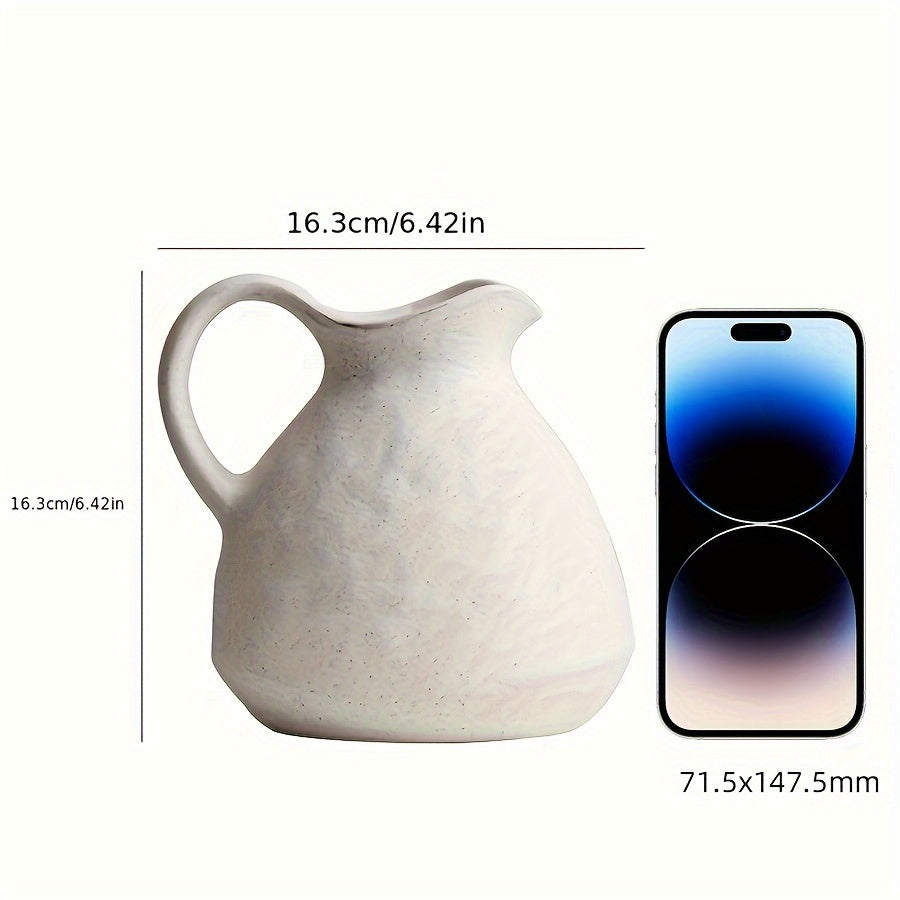 NJCHARMS Ceramic Kettle Vase 1pc, Farmhouse Style Decorative Pitcher without Battery, Power-Free Rustic White Flower Vase, Cylinder Clay Pottery Centerpiece for Living Room Decor, Handle Design