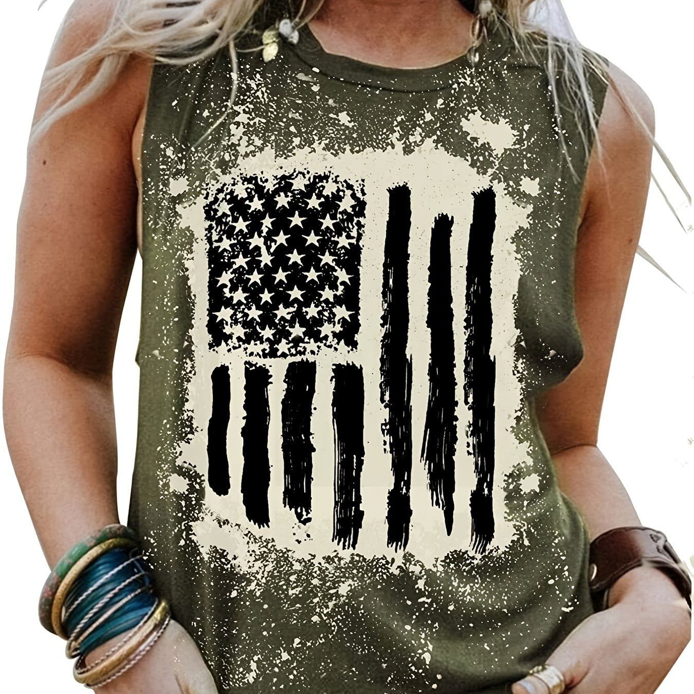 Flag Print Sleeveless Tank Top, Vintage Summer Crew Neck Tank Top, Women's Clothing