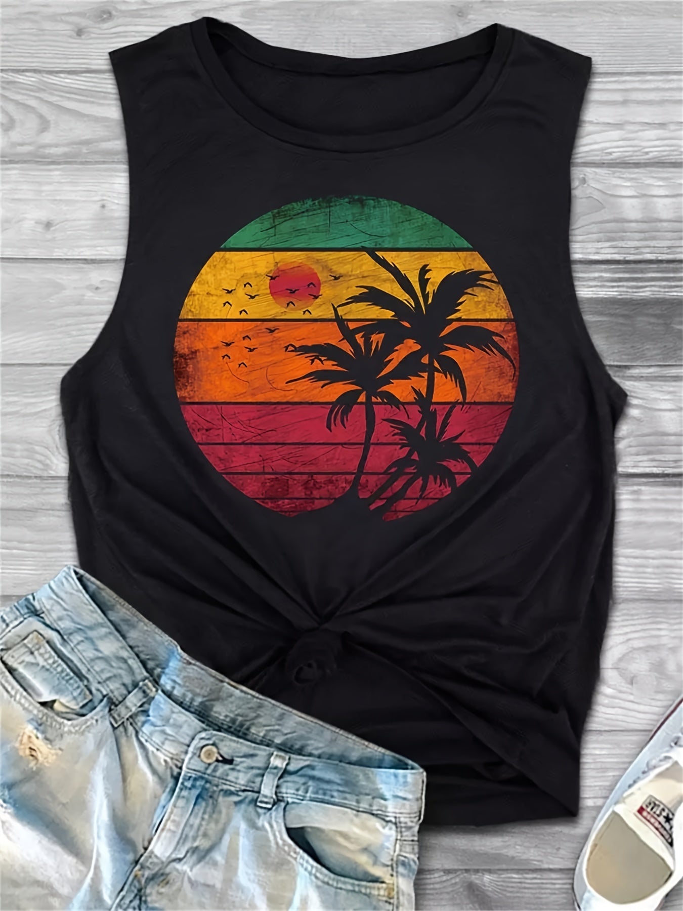 Sunset & Coconut Print Crew Neck Camisole Tank Top, Casual Sleeveless Vacation Vintage Tank Top, Women's Clothing