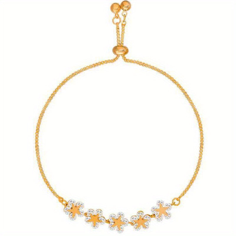 Adjustable Flower Beaded Chain Bracelet Inlaid Shiny Zircon 14K Plated Copper Hand Jewelry Decor For Women & Girls