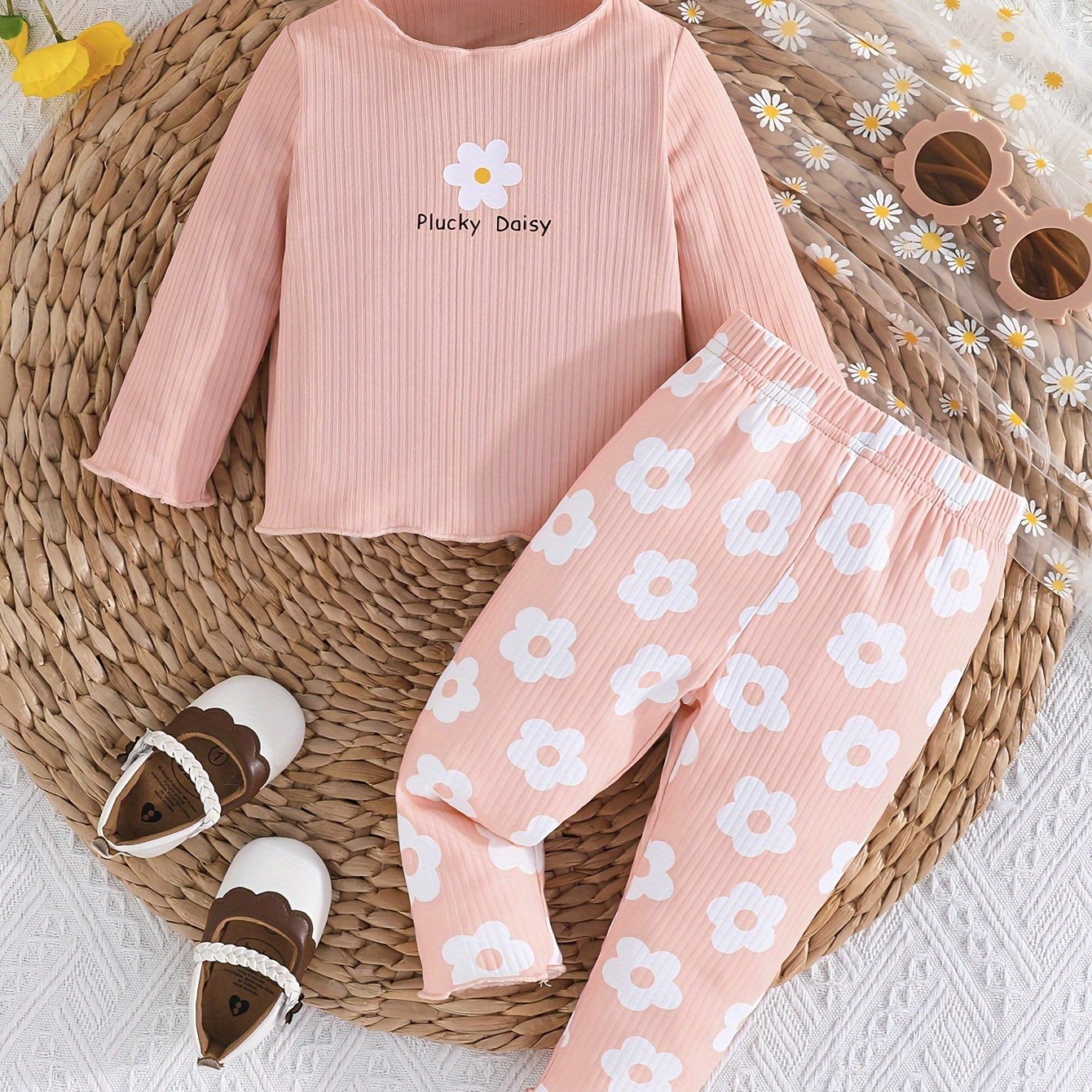 2-piece Baby's Flower Print Ribbed Long Sleeve Top + Casual Pants, Toddler & Infant Girl's Clothing Set Outdoor