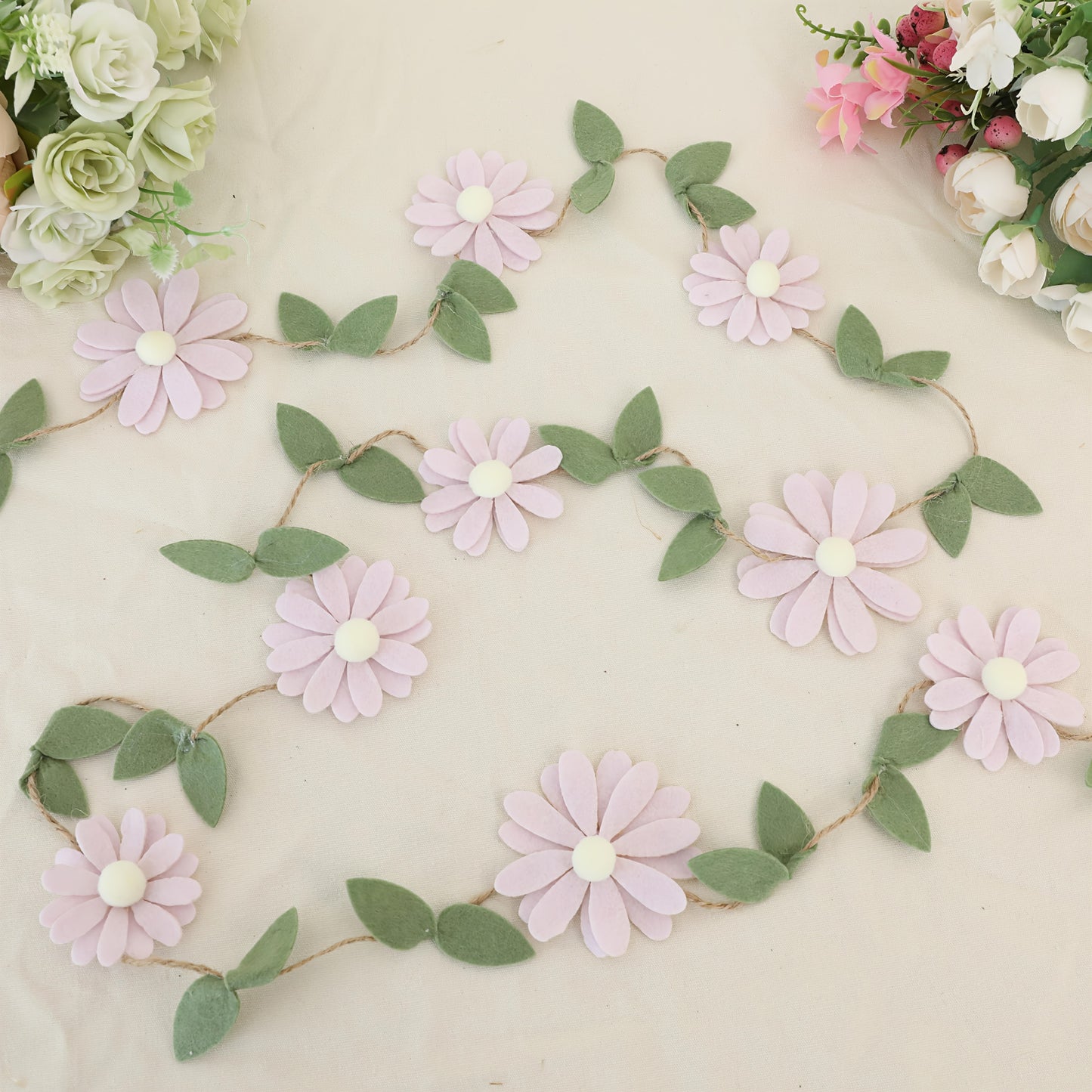 Handcrafted Bohemian Flower Garland - Pastel Pink, White, Orange, Purple Daisy Decor with Green Leaves on Twine - Ideal for Spring Events, Weddings, Birthdays, Youngsters Showers - Versatile Fabric Photo Backdrop & Bedroom De