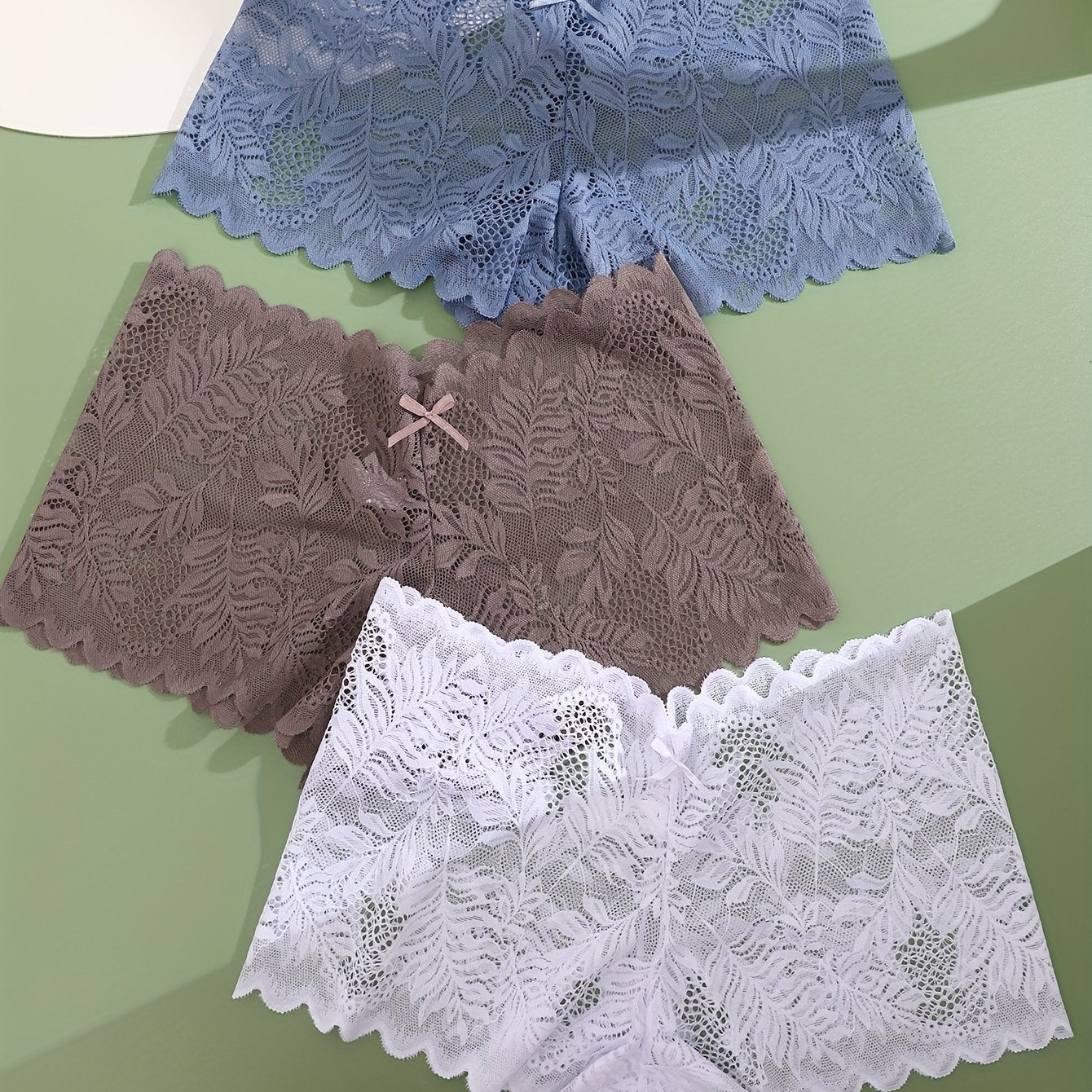3pcs FINETOO Women's Sexy Low-Rise Lace Boyshort Panties - Breathable, Stretchy Nylon Blend with Floral Pattern, Scalloped Trim in Black, White, & Pinkish-Beige
