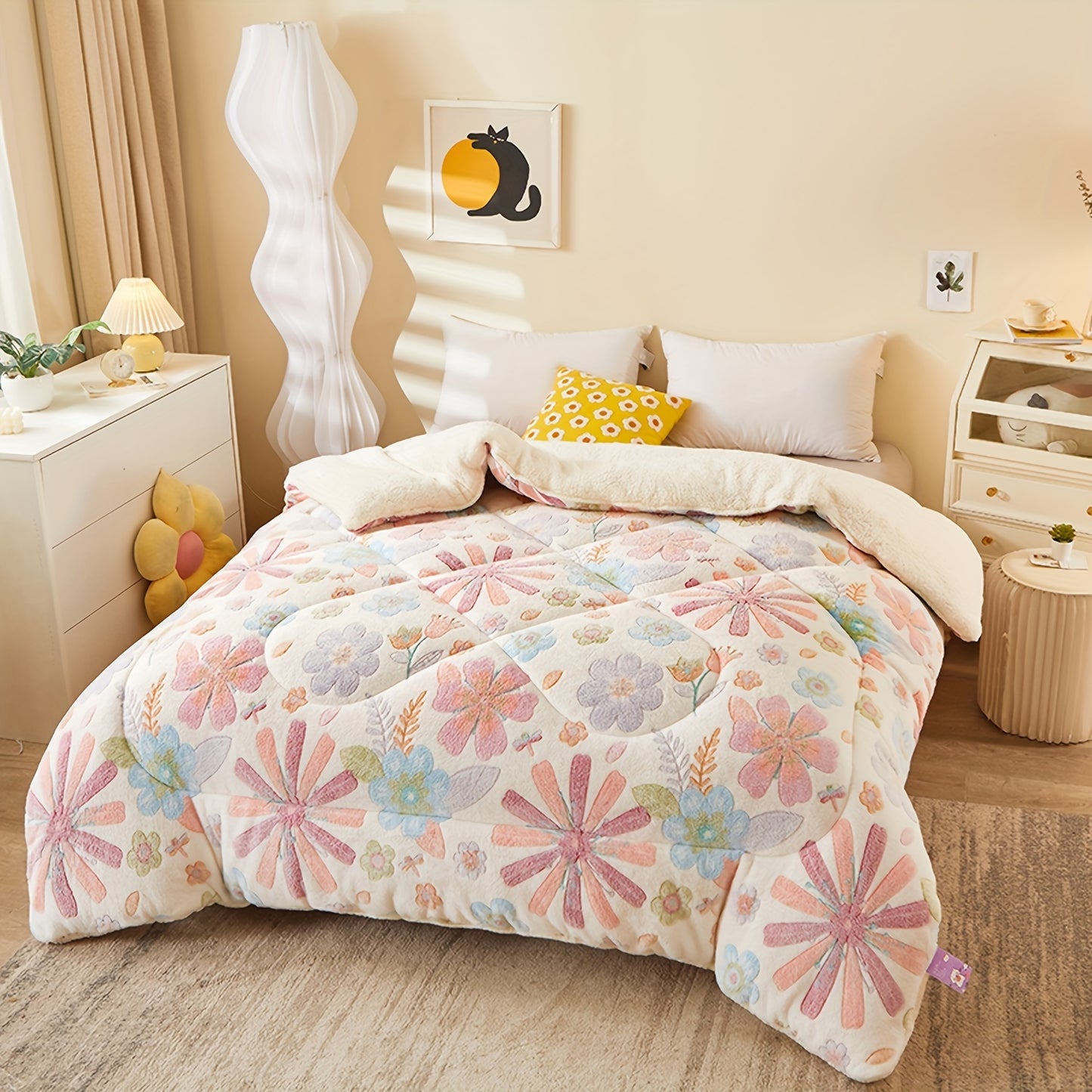 1pc Soft Warm Flower Fleece Printed Winter Polyester Comforter, Autumn And Winter Bedding Suitable For Bedroom, Guest Room