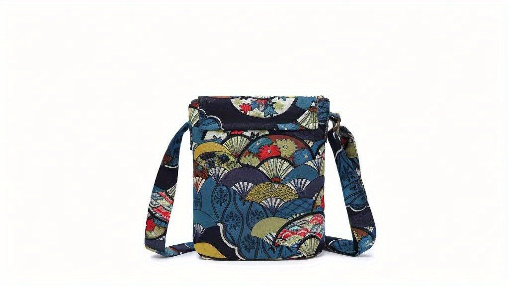 Ethnic Style Crossbody Bag, Vintage Floral Print Bucket Bag, Women's Fabric Flap Purse