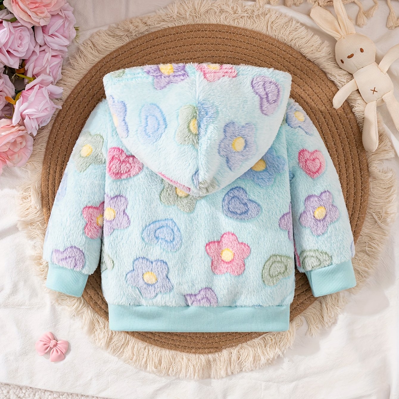 Baby Girls Floral Hooded Jacket - 100% Polyester Long Sleeve Coat with Zipper, Soft Plush Knit Fabric, Regular Fit for Outdoor Play in Fall/Winter, Skiing Compatible, Thick