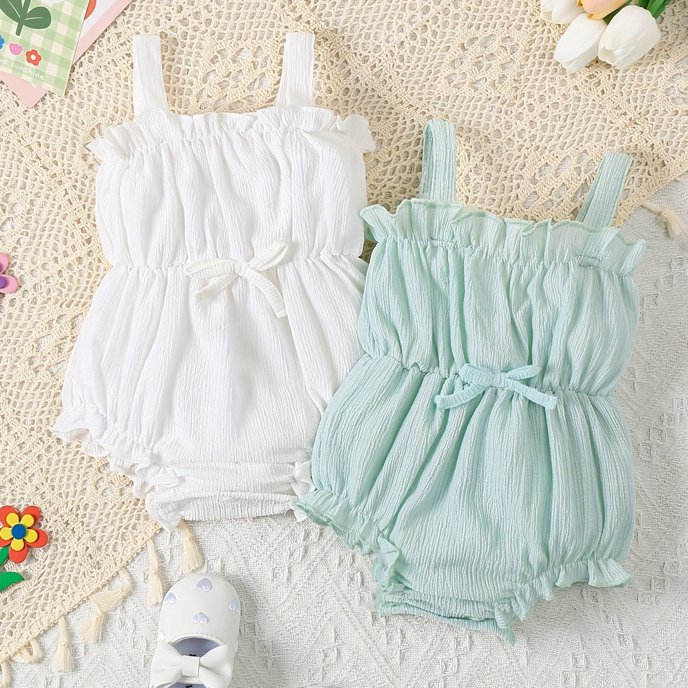 JOPGEEY 2pcs Soft & Stylish Baby Girl Rompers - Solid Color, Bubble Texture with Ruffled Trim, Perfect for Summer Outings, Perfect for Outdoor