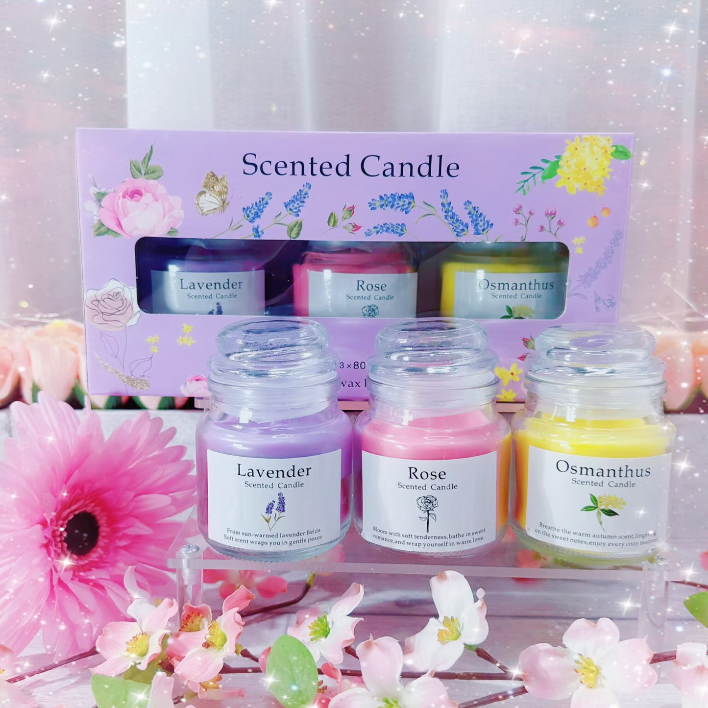 3pcs Scented Candle in Glass Jar with Purple Floral Box 3 x 80g (Lavender, Rose and Osmanthus)