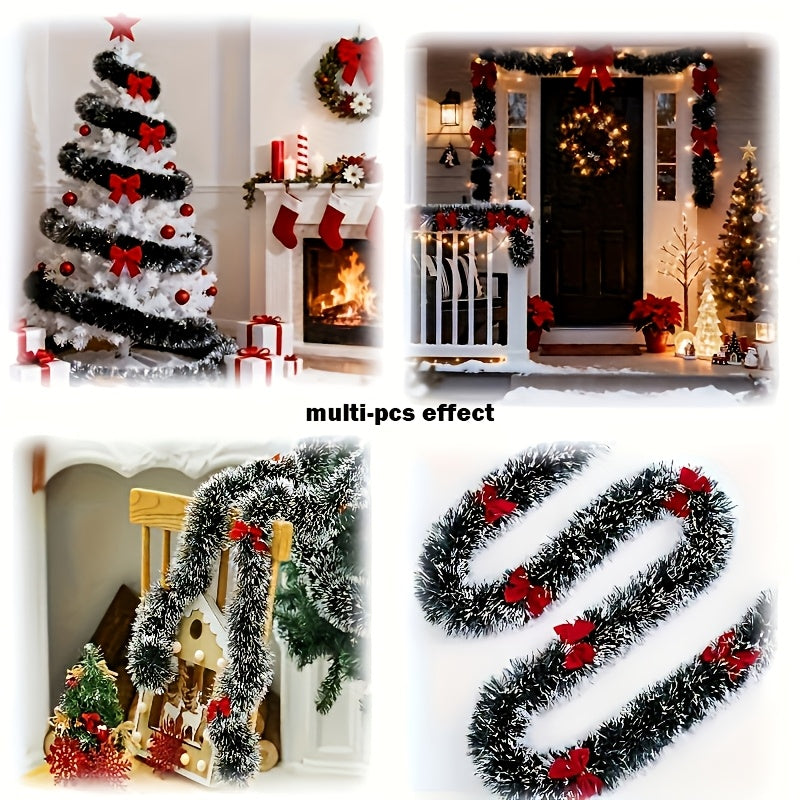 2-Piece Bow Christmas Rattan Garland, Total Length 10.0 meter, 1-Piece 196.85-Inch Dark Green and White Snowflake Christmas Flower Vine Decoration, No Lights Artificial Wreath for Indoor/Outdoor Use, High-Quality Soft Green H