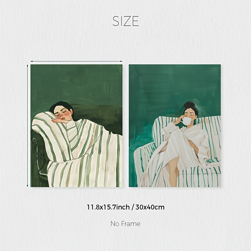 A Set of 2 Abstract Character Wall Art Prints, Featuring a Jade Green Striped Woman Canvas Poster, Minimalist Large Art Wall Decor, Coffee Lover Prints, Spring Decorations for Living Rooms, Bedrooms, Cafes, Bars, Offices, Hal