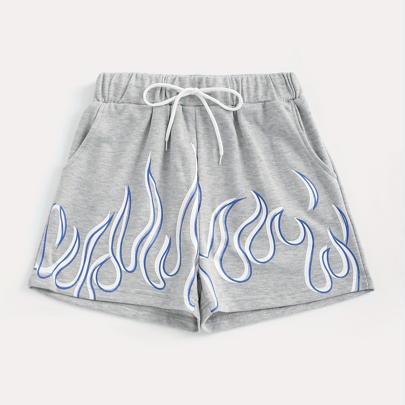 Flame Print Shorts, Drawstring Elastic Waist Casual Shorts For Spring & Summer, Women's Clothing