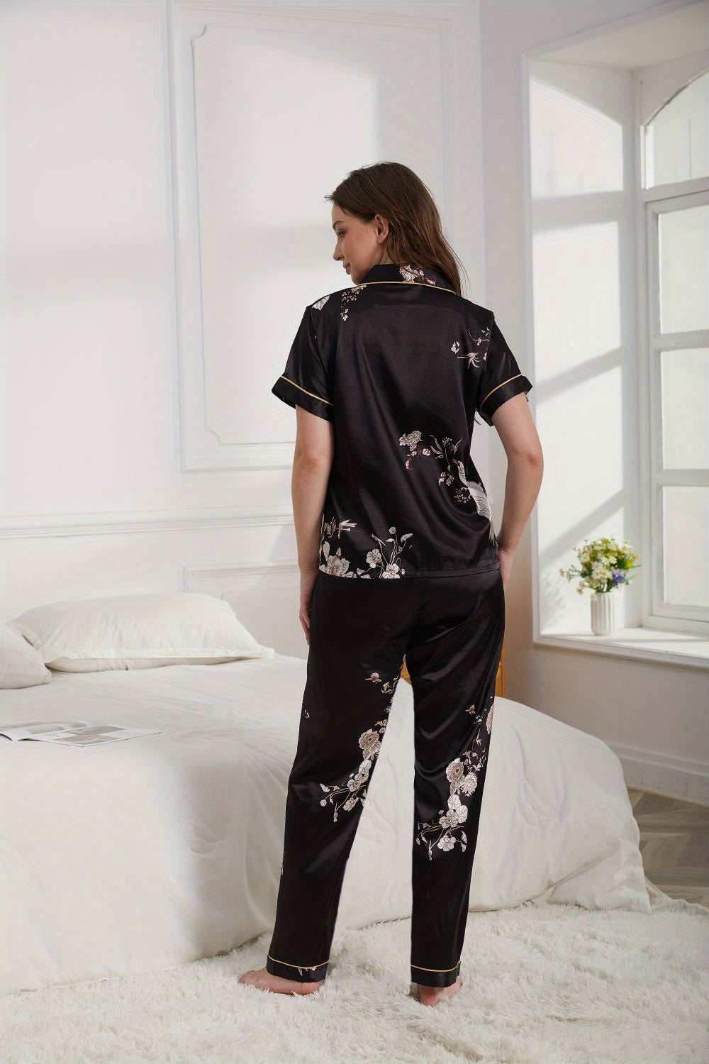 Floral Print Satin Pajama Set, Short Sleeve Button Up Top & Elastic Waistband Pants, Women's Sleepwear & Loungewear