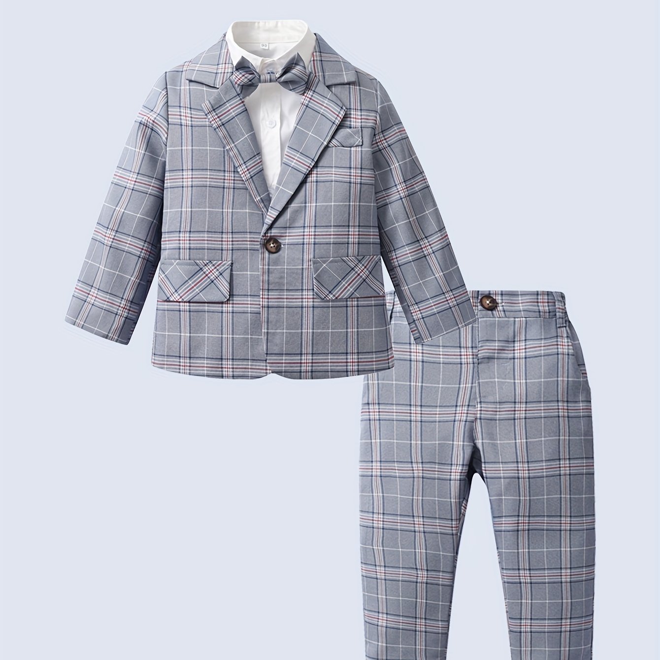 Baby Boy Fashion Gentleman Style Casual 3pcs/Set, Bow Tie Dress Shirt & Long Sleeve Plaid Coat & Plaid Pants Set, Outdoor Cloth