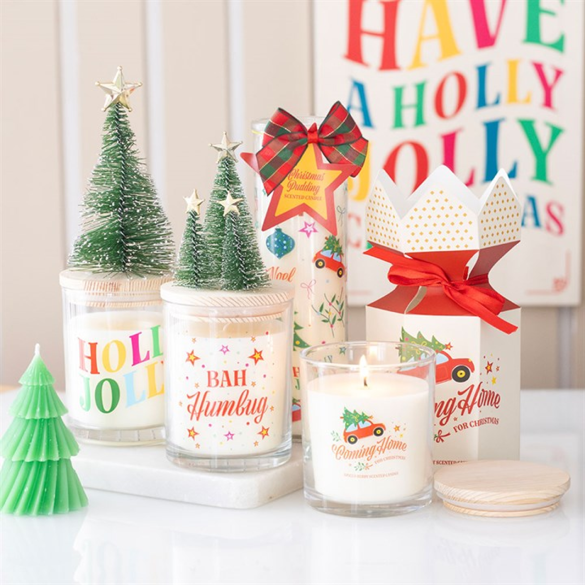 Holly Jolly Pine & Fir Glass Candle with Tree
