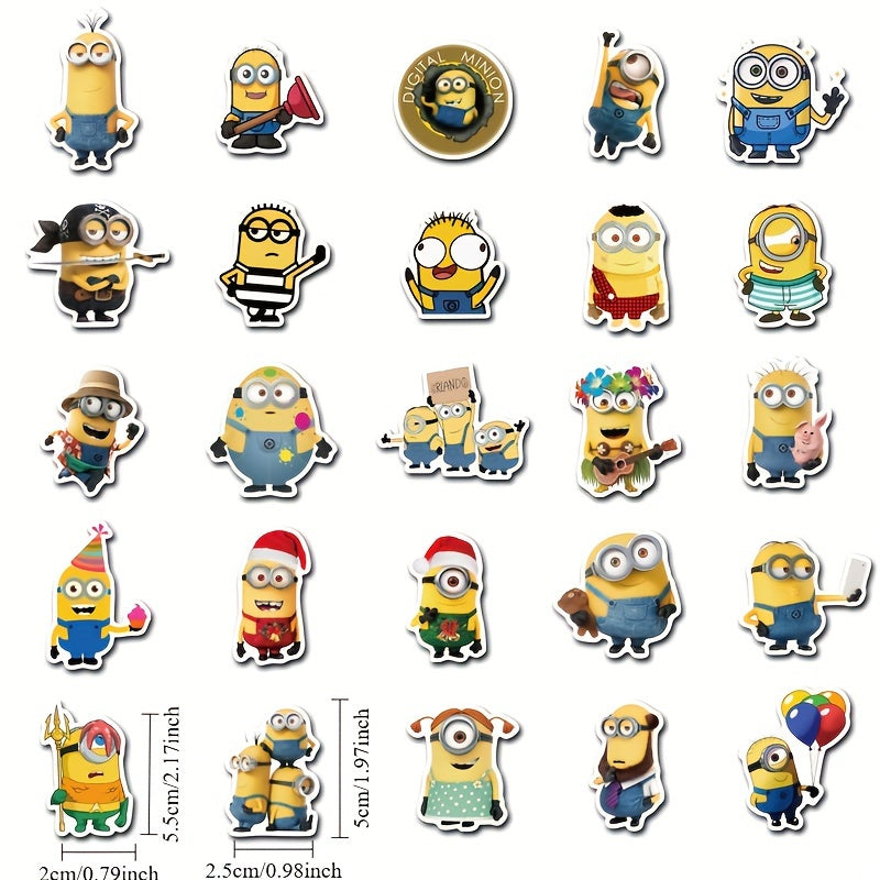 Minions 50pcs Cartoon Character Waterproof Stickers - Reflective Vinyl Decals for Luggage, Laptops, Skateboards & Water Bottles - Durable, Self-Adhesive Paper Material
