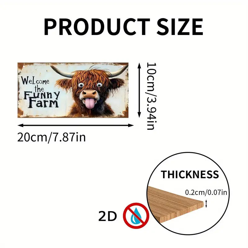 2D Flat 1pc Funny Tongue Highland Cow Wooden Hanging Sign
