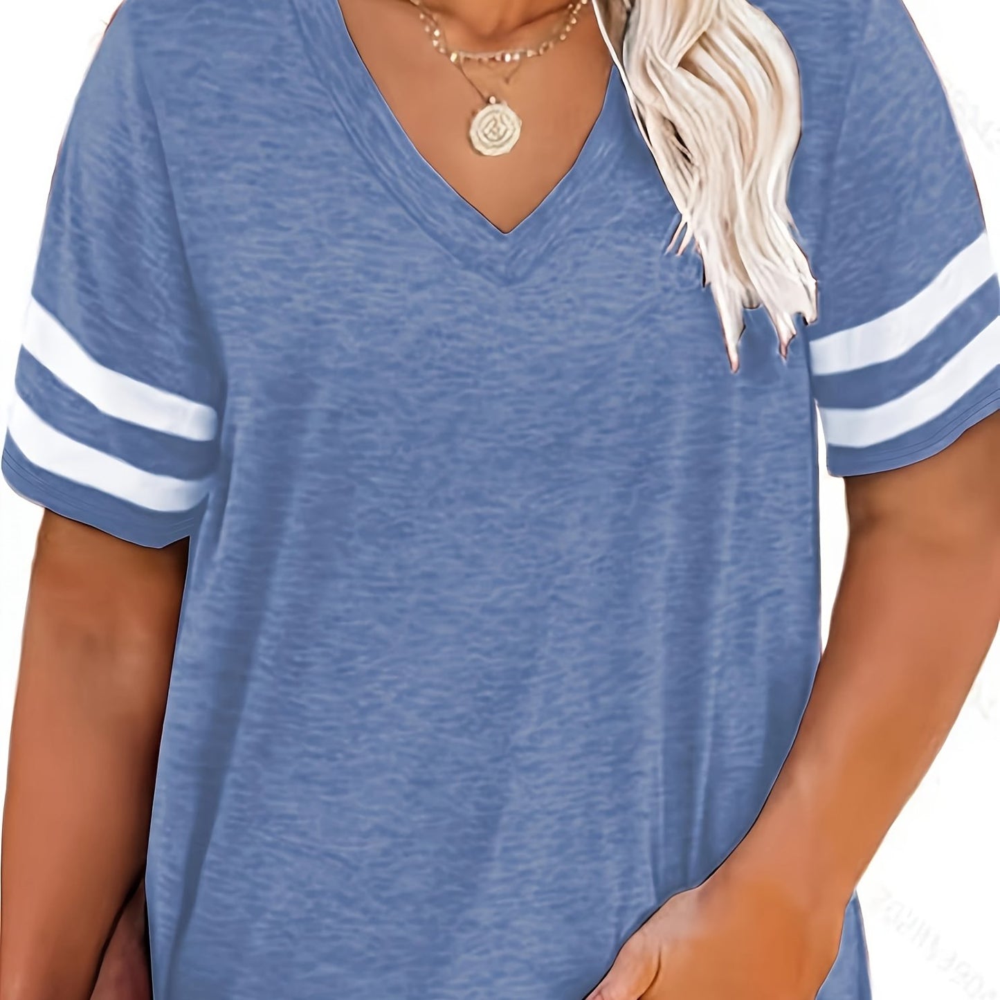 Plus Size Women's V-Neck Short Sleeve T-Shirt - Lightweight Stretchy Summer Tee with Random Print, Loose Casual Fit, Machine Washable, Sizes XL-5XL for Everyday & Office Wear, Versatile Clothing, Striped Print Shirt, Soft Fab