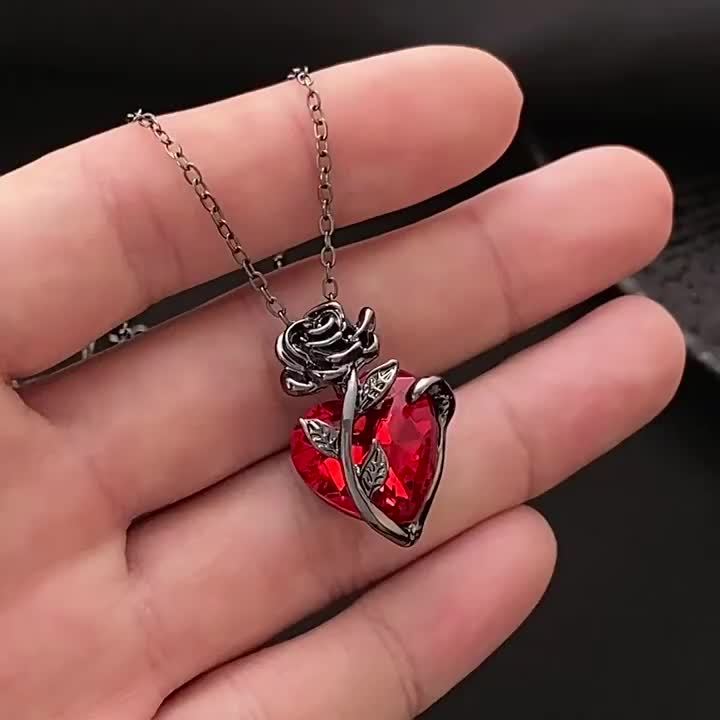 Elegant & Punk Style, Black Rose Shape With Red Heart Faux Diamond Pendant Necklace, Vintage & Delicate Twisted Flower Collarbone Chain, Valentine's Day Accessory