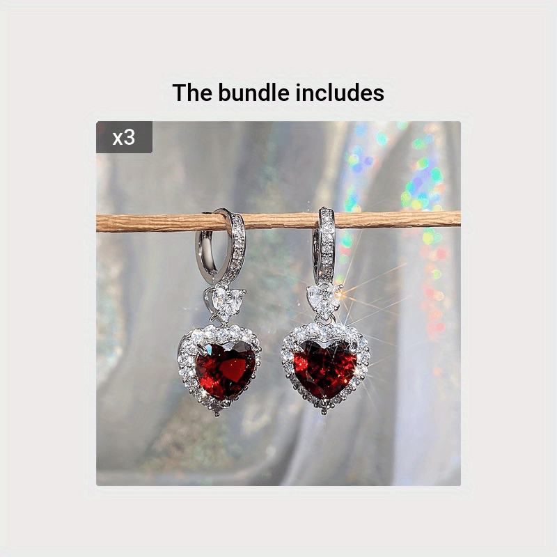 Aqua Blue Red Stone Heart Shaped Wedding Earrings for Women Eternity Love Earrings Engagement Additions Fashion Jewelry