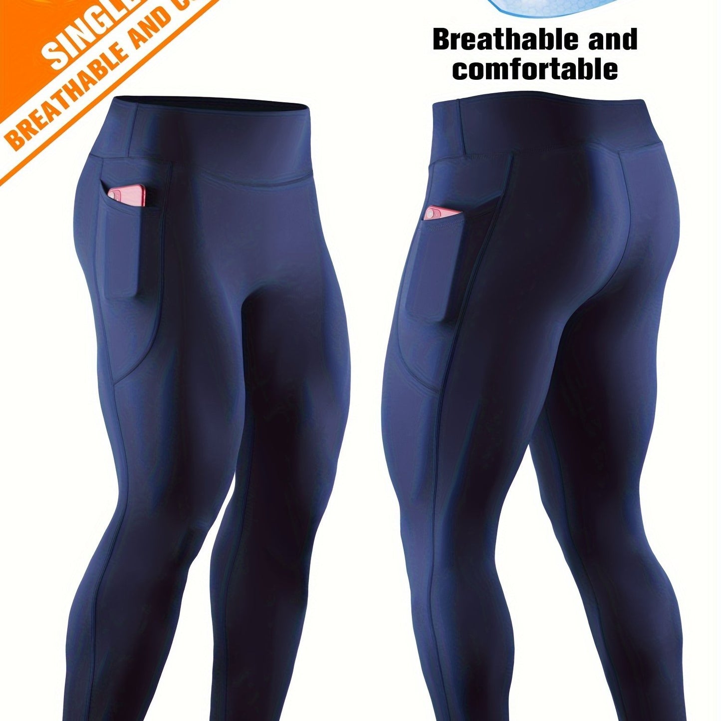 Men'S High Waist Compression Sports Leggings, Quick Dry, High Elastic, Polyester 90% Spandex 10%, Solid Color, Pocket Detail, Knit Fabric, Skinny Fit, Four Seasons, for Running, Yoga, Training, Basketball, Outdoor Activities