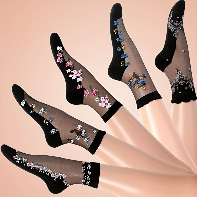 5 Pairs Mesh Floral Print Mid Tube Socks, Crystal Glass Short Thin Socks, Women's Stockings & Hosiery