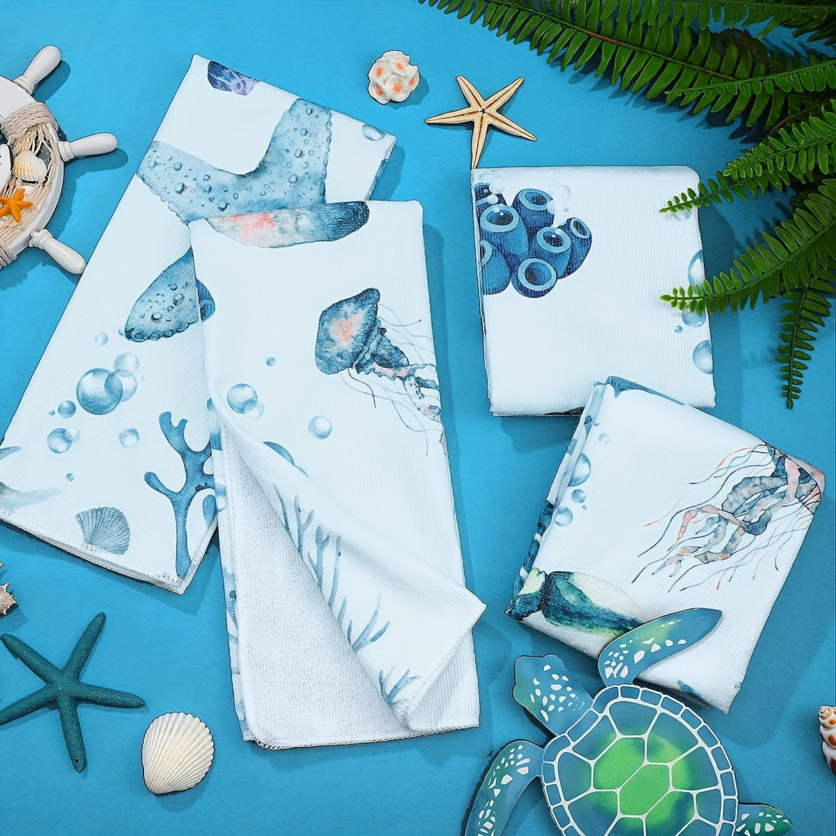 6-Piece Beach Ocean Kitchen Towel Set - Ultra-Absorbent, Super-Soft, and Perfect for Kitchen Decor - Vibrant Turtle Design, Ocean-Inspired Animal Theme, Ideal for Hand Drying and Wiping Down Surfaces, 45 x 70 cm