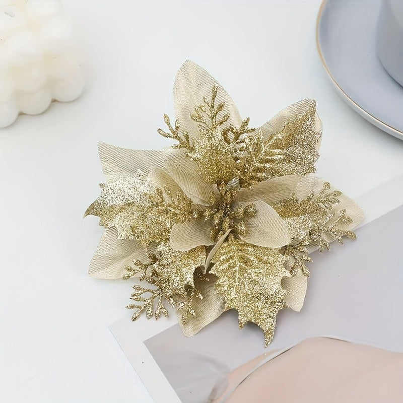 60-Piece 5.5-Inch Shiny Double-Layer Pink Edge - Christmas Floral Strips with Tree Decor and Wreath Accessories - Ideal for Holiday Parties & Weddings - Includes 30 Flower Branches + 30 Clips