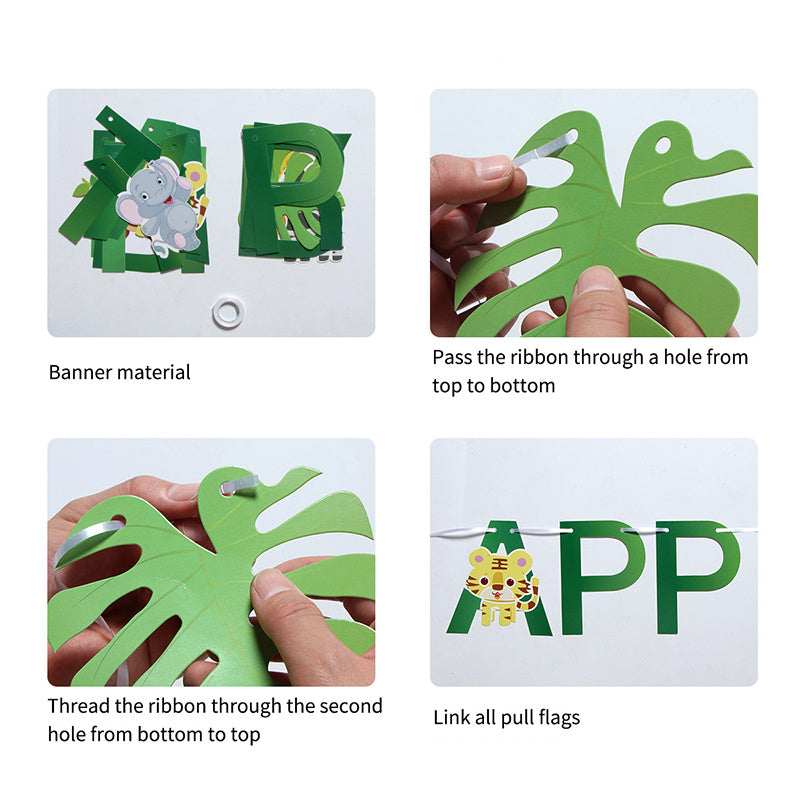 Paper Jungle Animal Happy Birthday Banner, Monkey Giraffe, Woodland, for Birthday Decoration, with Use Without Electricity, for Room, Garden, Entryway