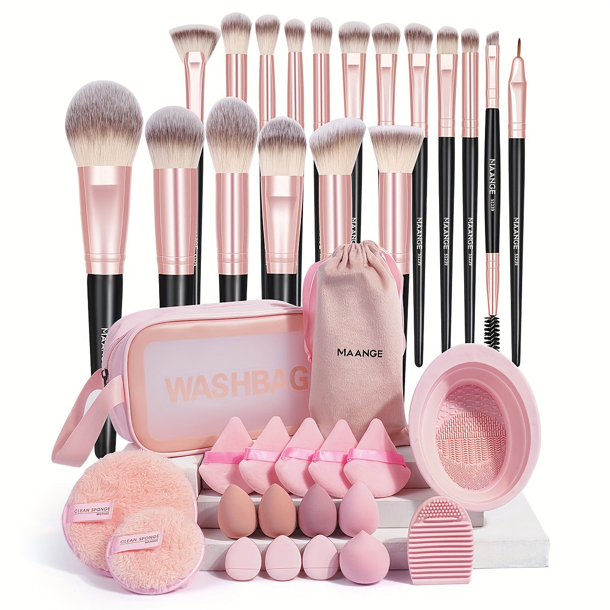 1 Set, MAANGE 18-Piece Makeup Brushes Kit With Makeup Sponge, Powder Puff, Finger Puff, Makeup Removal Puff, Cleaning Pad And Washbag, Portable Full Makeup Tools Set, Travel Size Cosmetic Brush Collection, Ideal Gift For Her