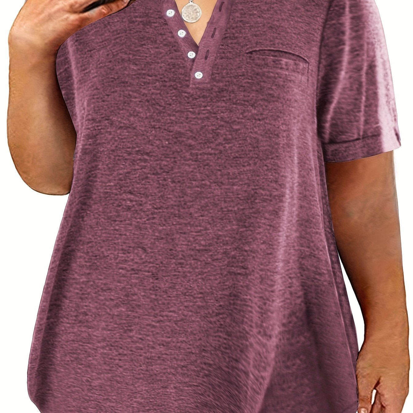 Plus Size Button Front Short Sleeve T-shirt, Women's Plus Slight Stretch Casual Tee
