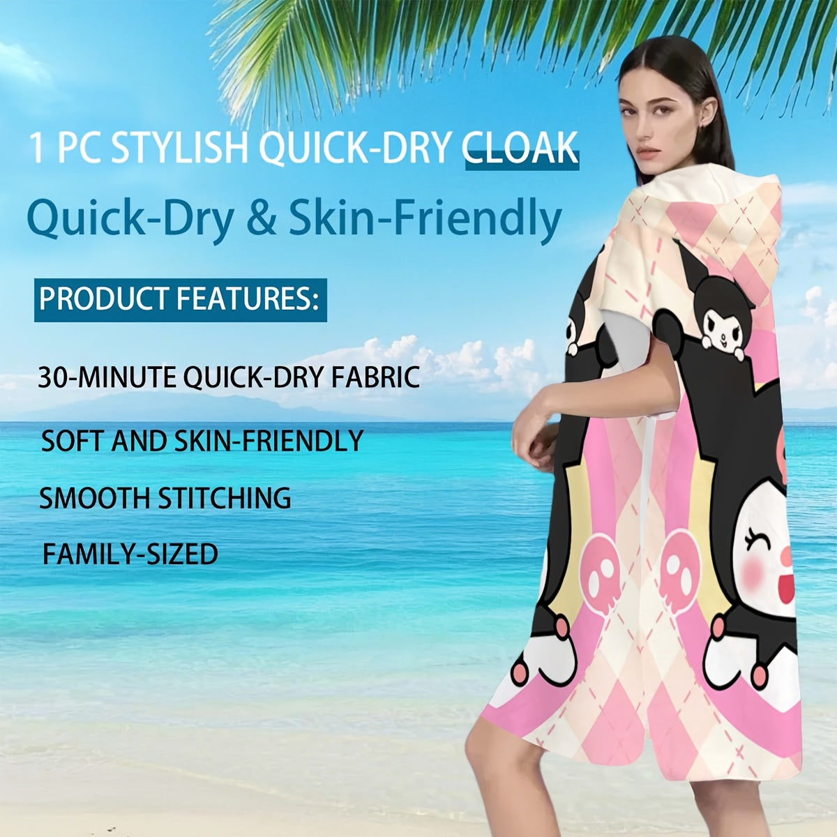 1pc Sanrio Kuromi Adult & Kids Wearable Beach Towel with Hood - Quick-Dry Microfiber Bathrobe, Cute Kuromi Character Swim Wrap, Machine Washable for Pool, Bath, Travel - Ideal for & Adults