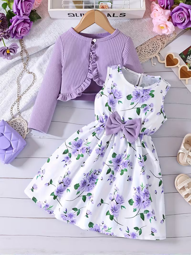 Kid's Purple Flower Dress & Cardigan