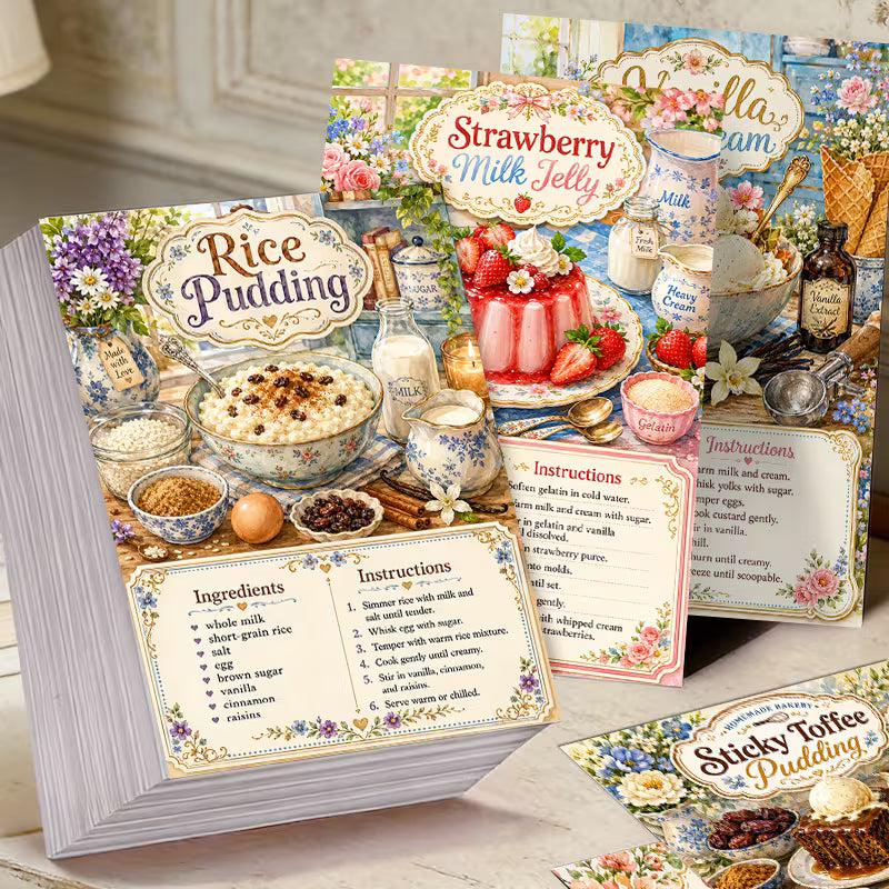 24pcs Vintage Floral Dessert Recipe Flashcards