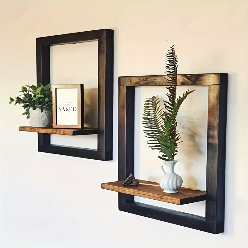 Black and Brown Wall Shelf, Wooden Square Wall Shelf, Photo Frame Display Rack, Candle Display Rack, Flower Display Rack, Photo Album Display Box, Potted Plant Display Rack, Used for Home Room, Living Room, Office Decoration