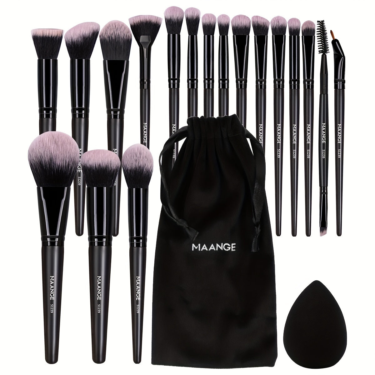 MAANGE 20pcs Professional Makeup Brush Set, Including 18 Makeup Brushes + Flannel Bag + 1 Large Water Drop Makeup Egg, Soft Bristle Makeup Brush, Foundation Brush, Eyeshadow Brush, Blending Brush, Concealer Brush, Eyeliner Br