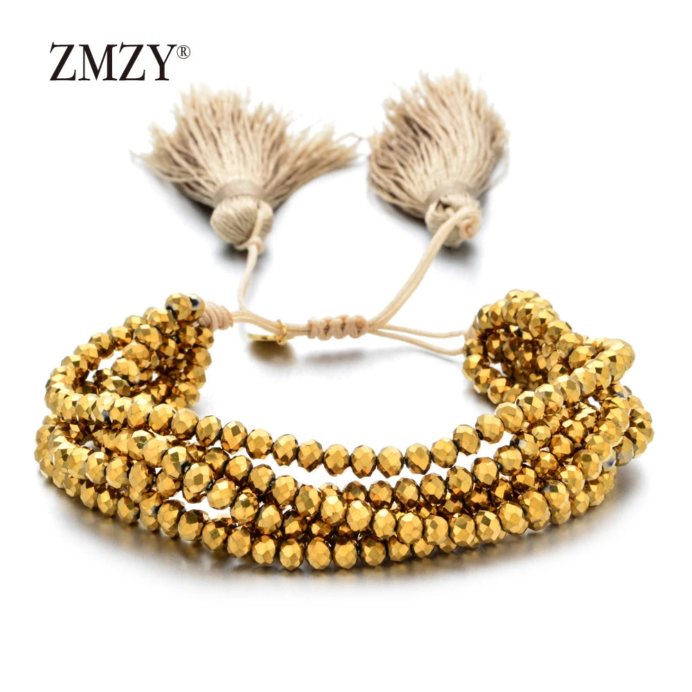 ZMZY Pink Boho Handmade Crystal Bead Bracelets Elastic Glass Beaded Layered Stacked Bracelet Tassel Jewelry Friends Gift
