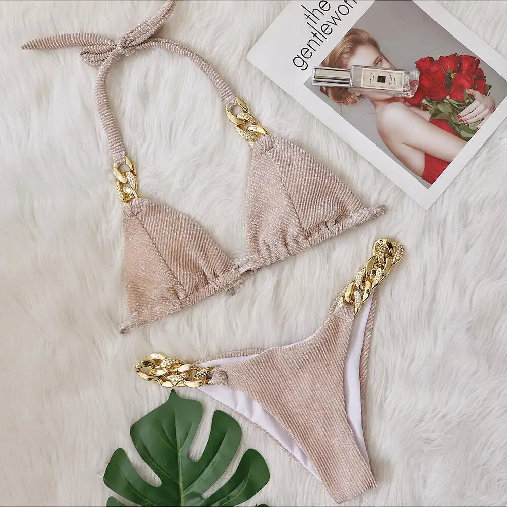 2024 New Bikini Golden Diamond Chain Split Swimsuit Sexy Special Fabric Women's Swimwear in Stock Jewelry Swimwear