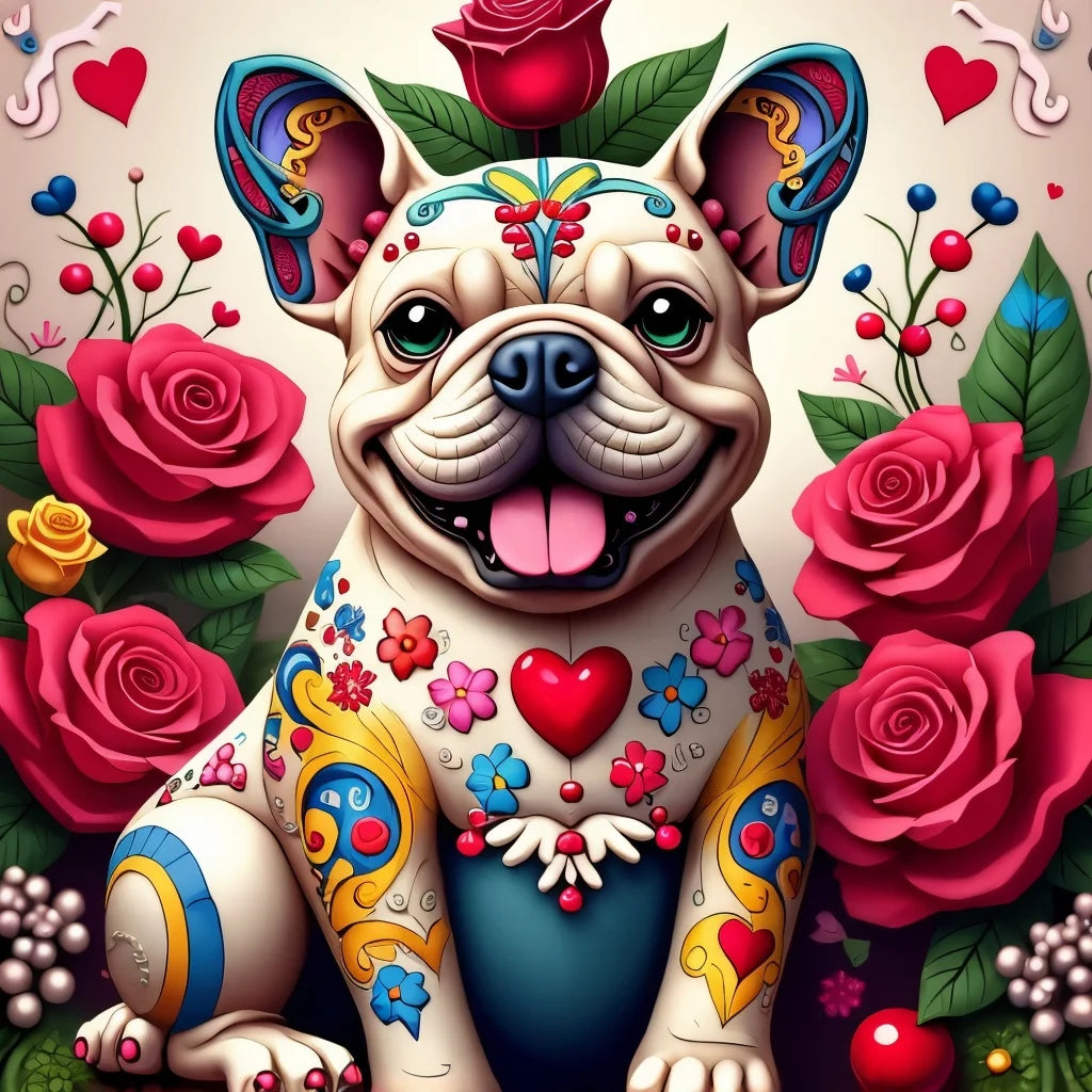 5D DIY Diamond Painting Cute French Bulldog Rose Hand Tattoo Art Crystal Round Diamond Painting Kit Home Decor