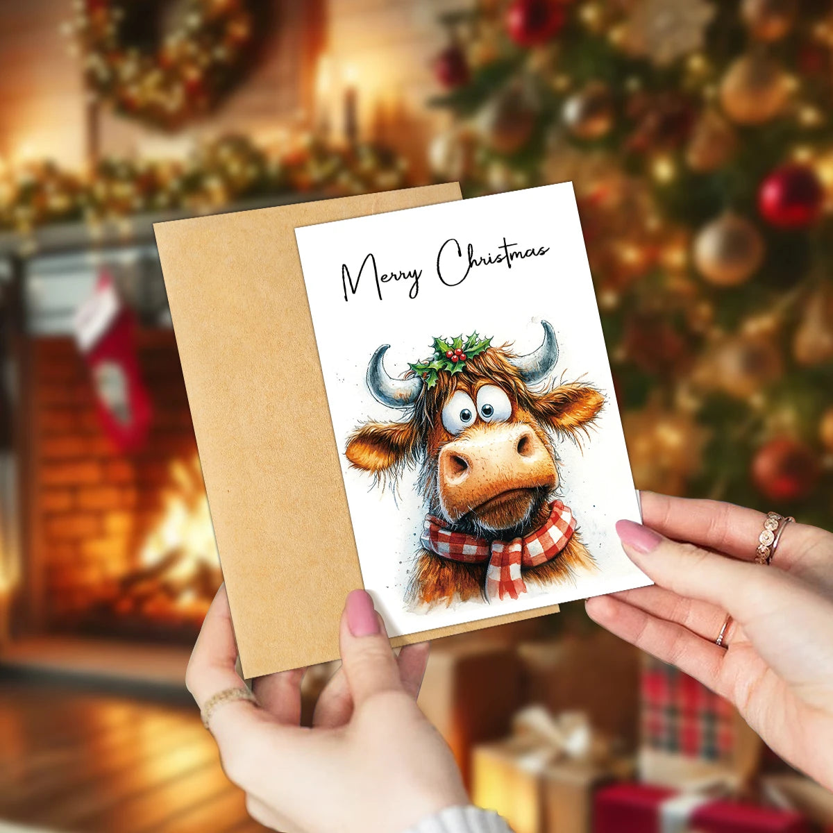 12pcs Christmas Adorable Highland Cow Greeting Cards With Envelope-For Xmas Card Exchanges,Family Gatherings,Office Parties Gift