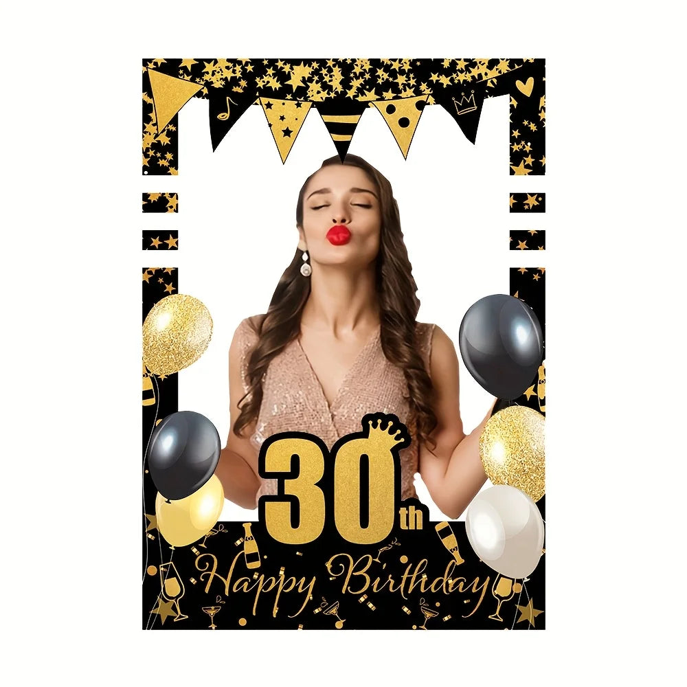 Black Gold Happy Birthday Photo Booth - 18, 21, 30, 40, 50, 60 years old. Party decoration supplies for people aged 70 and 80