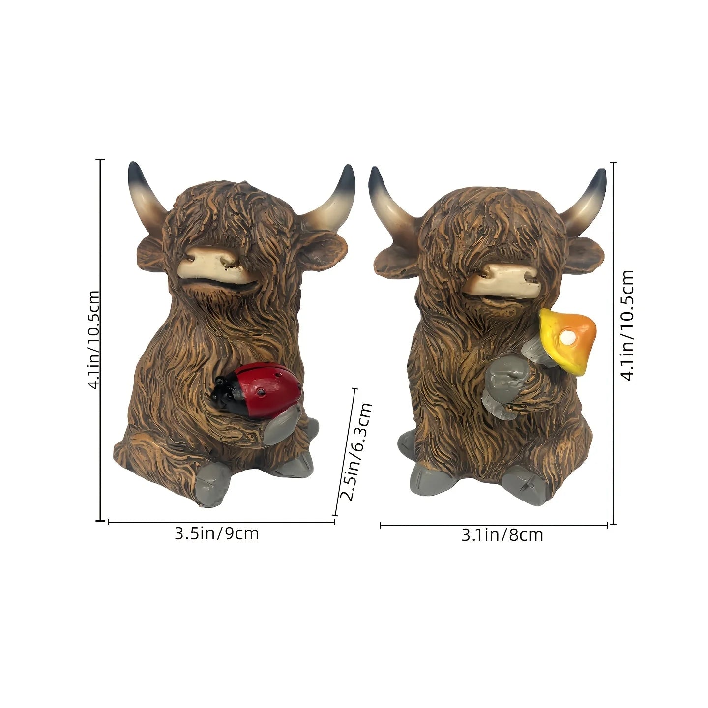 2Highland Cow Figurine Set,Cute Scottish Highland Cow Sculpture with Ladybug and Mushroom,Resin farm animal decorations