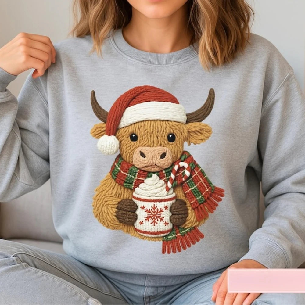 Highland Cow Christmas Faux Knit Printed Sweatshirt Cute Cow Holiday Pullover Casual Christmas Men Women Crewneck Streetwear