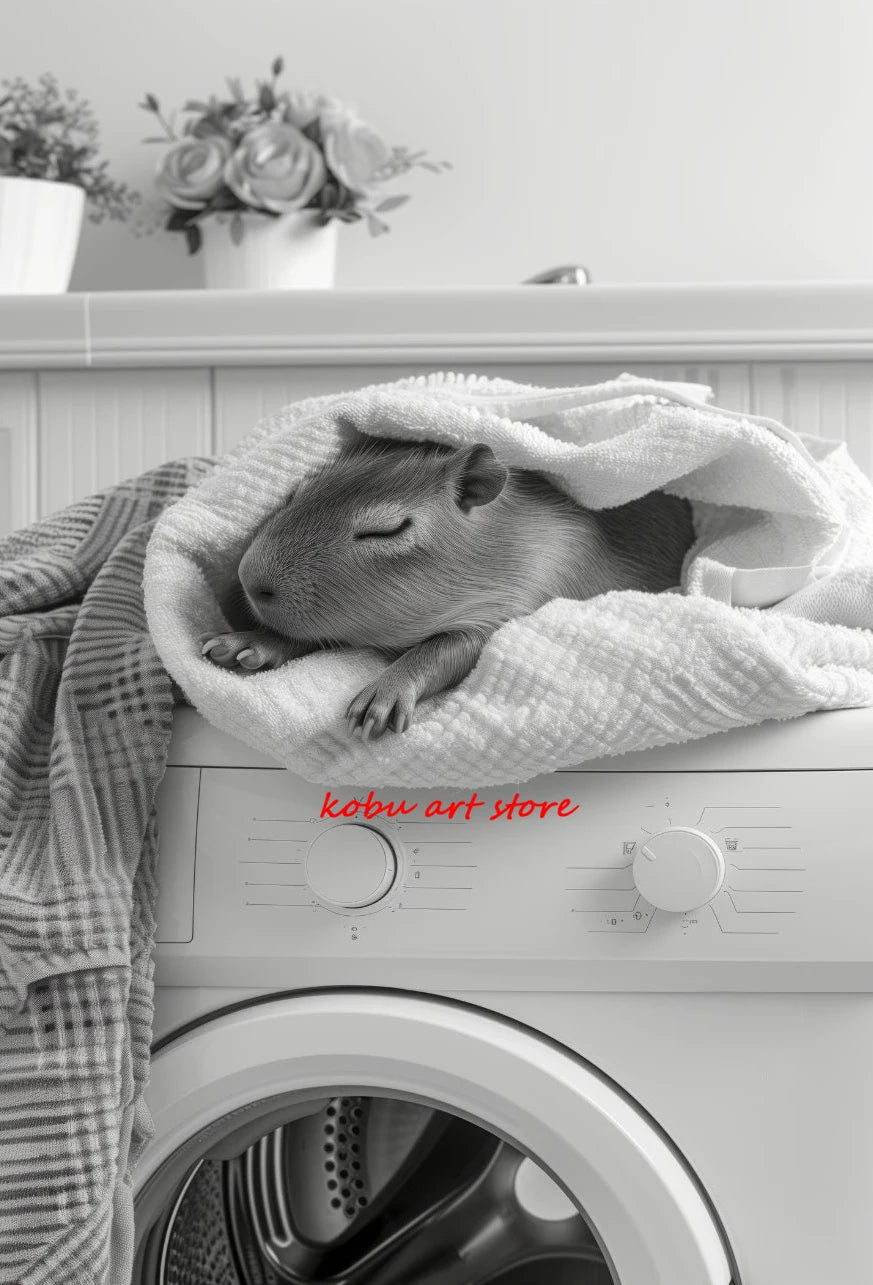 Bear Highland Cow Giraffe Animal in Washing Machine Poster Canvas Printing Wall Art Picture Fun Laundry Room Utility Room Decor